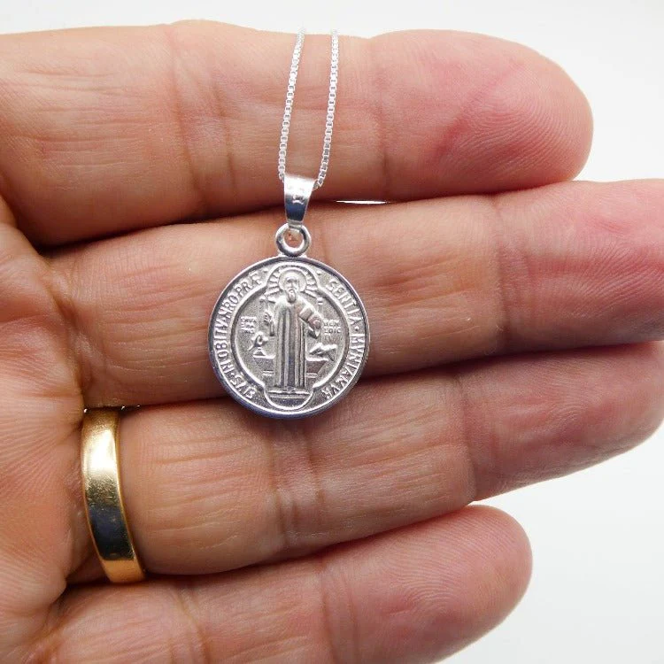 Silver Saint Benedict Medal Round Necklace 18-inch - Image 2