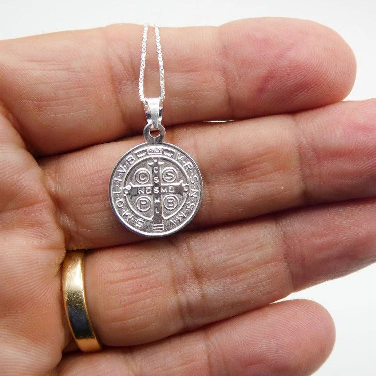 Silver Saint Benedict Medal Round Necklace 18-inch - Image 3