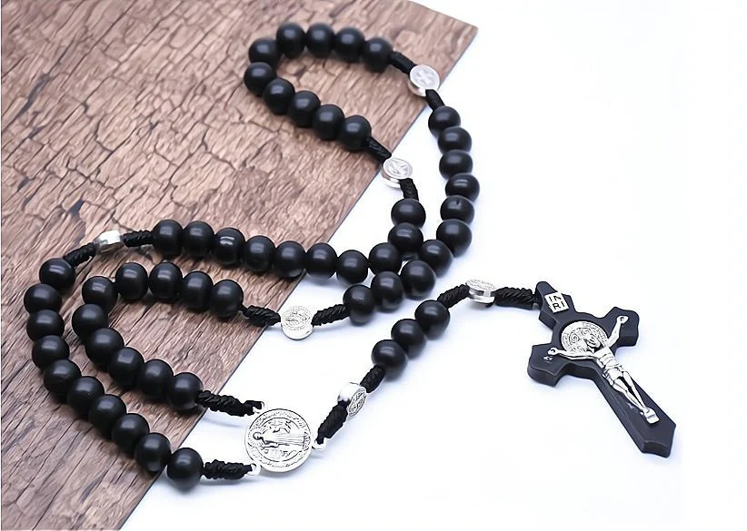 Black Wooden Saint Benedict Medal Rosary Beads 22-inch - Image 3