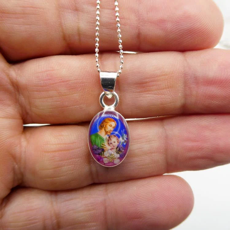 Saint Joseph Mini Oval Pendant w/ Pressed Flowers 18-inch - Image 2