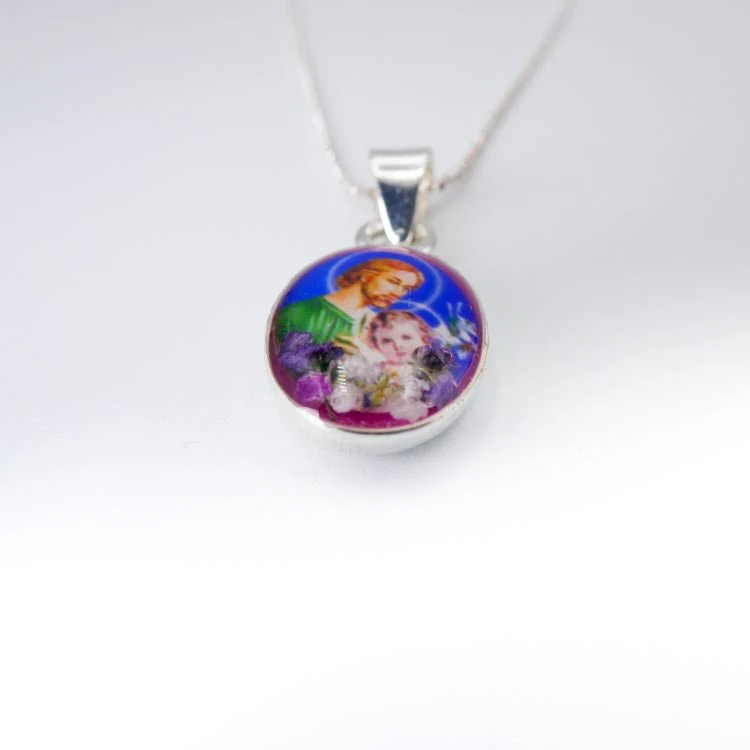 Saint Joseph Mini Oval Pendant w/ Pressed Flowers 18-inch - Image 4