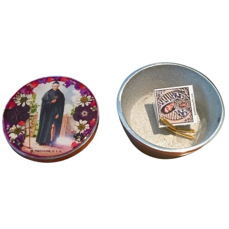 St Peregrine Rosary Box w/ Pressed Flowers 2.9" x 1.5" x 2" - Image 4