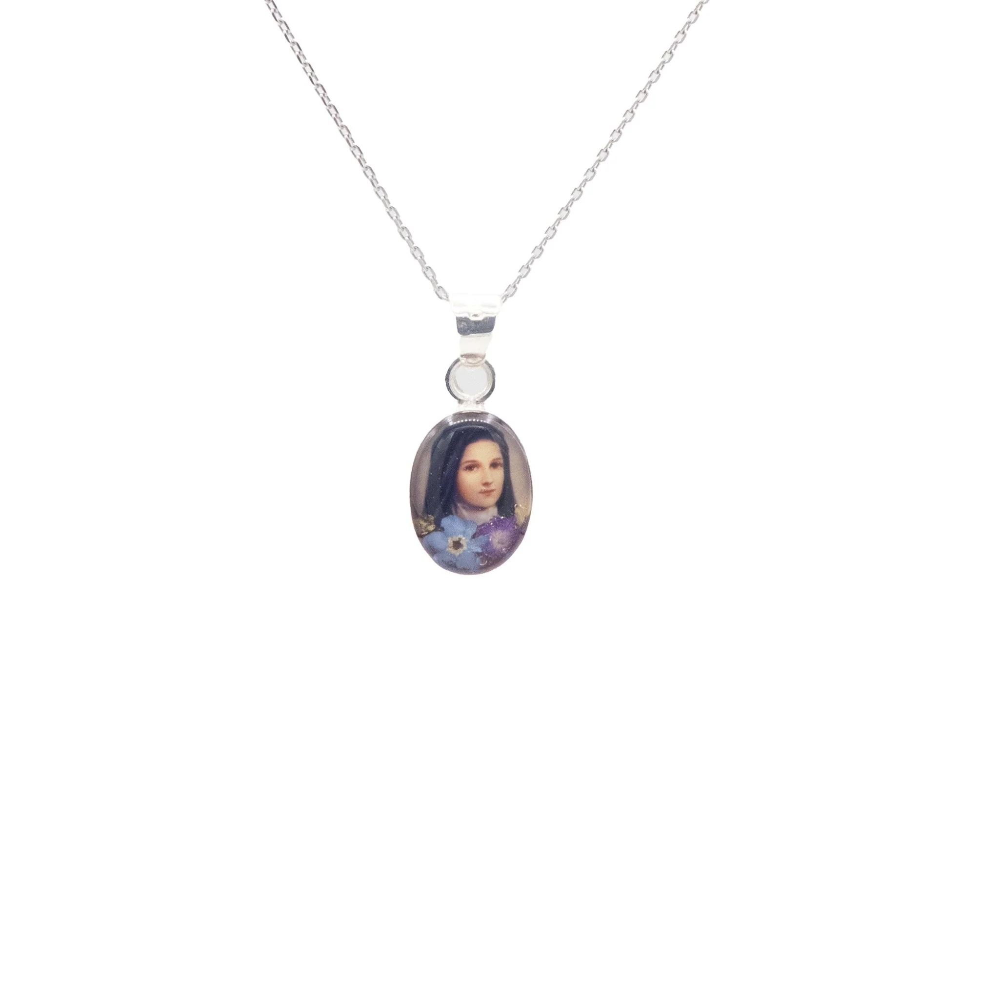 Saint Therese of Lisieux Mini Oval Pendant w/ Pressed Flowers 18-inch - Image 3