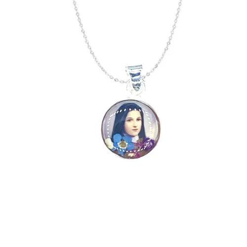 Saint Therese of Lisieux Mini Round Pendant w/ Pressed Flowers 18-inch