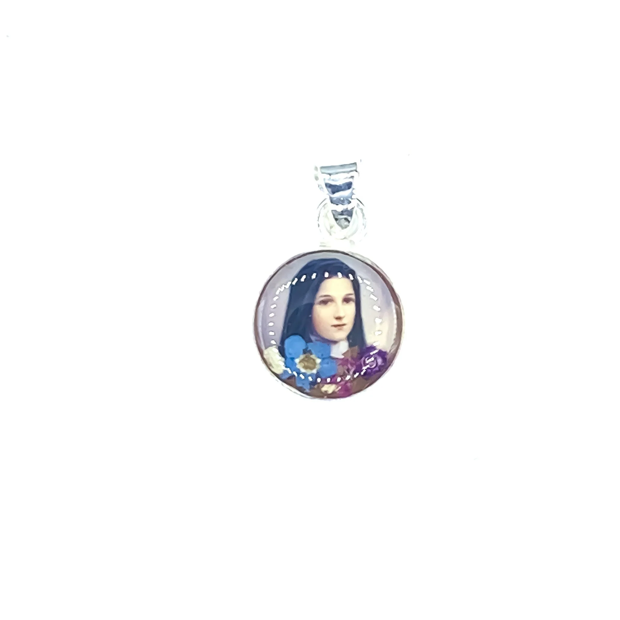 Saint Therese of Lisieux Mini Round Pendant w/ Pressed Flowers 18-inch - Image 2