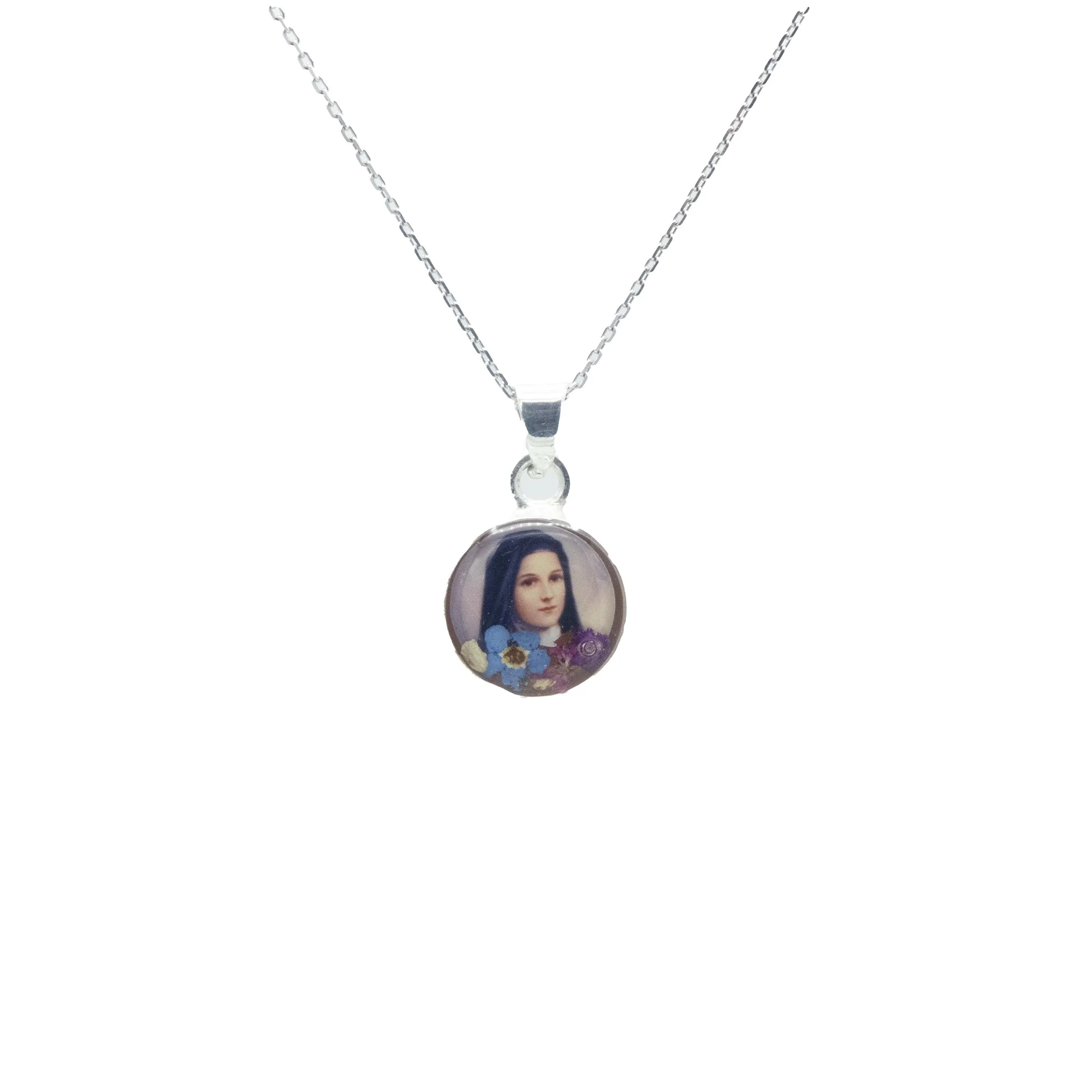 Saint Therese of Lisieux Mini Round Pendant w/ Pressed Flowers 18-inch - Image 3