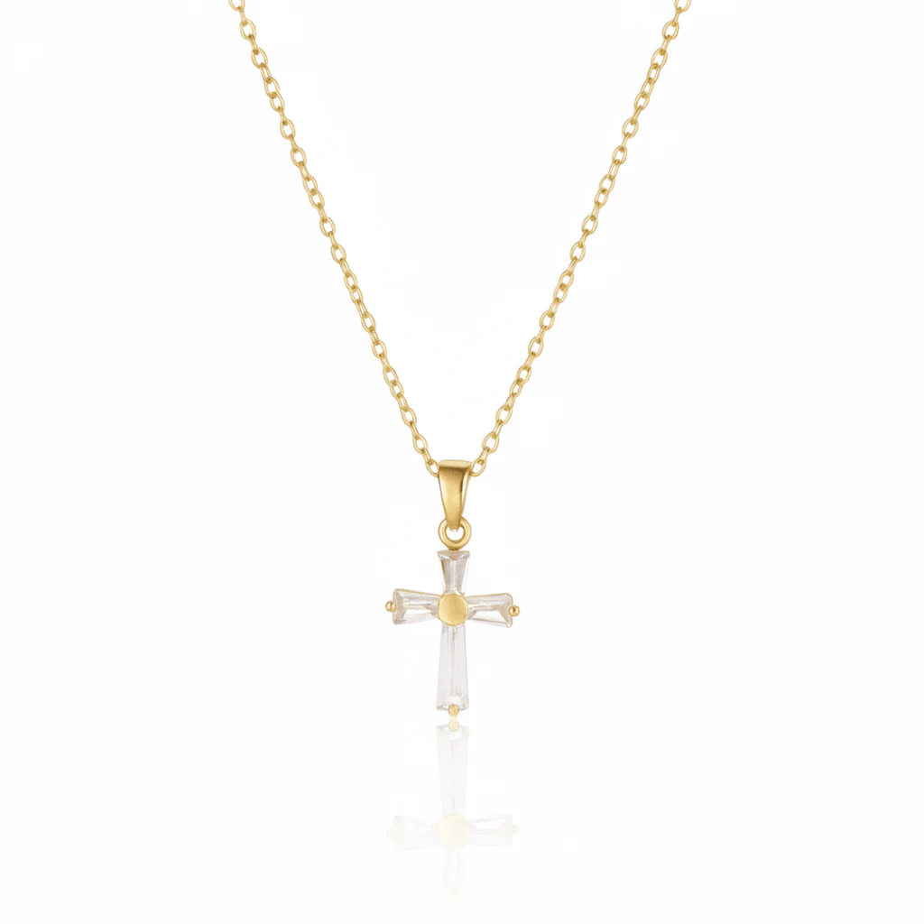 Stainless Steel Dainty Clear Zirconia Cross Necklace 18"