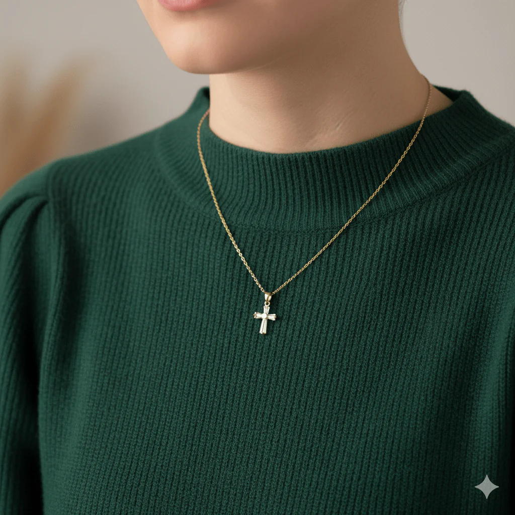 Stainless Steel Dainty Clear Zirconia Cross Necklace 18" - Image 2