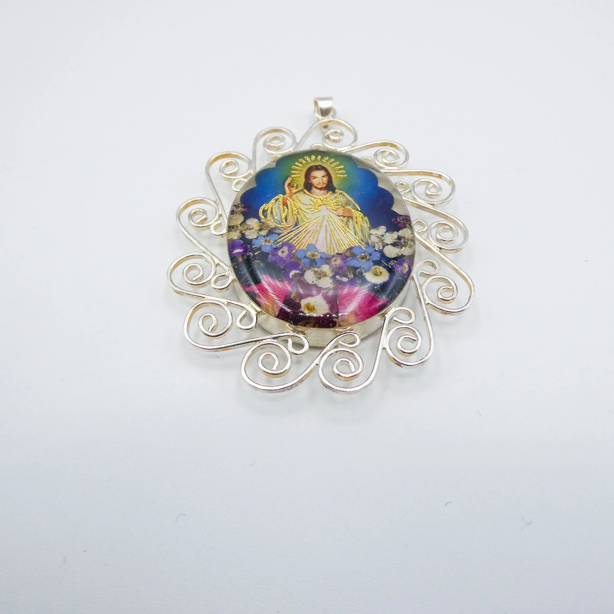Divine Mercy & Grace Baroque Necklace w/ Pressed Flowers 18-inch - Image 4