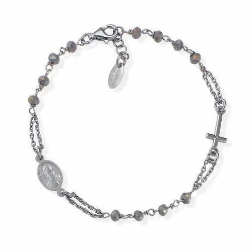 Silver Virgin Mary & Cross Bracelet w/ Crystals 7.5