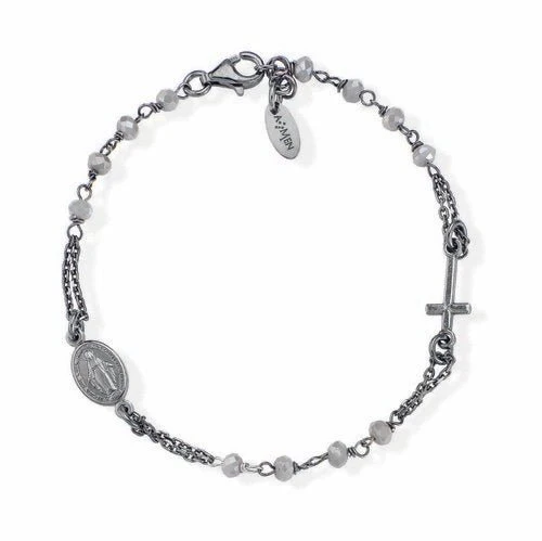 Silver Mary & Cross Bracelet w/ Smokey Crystals 7.5