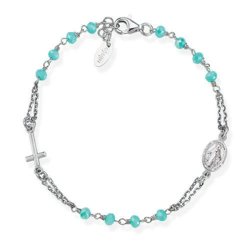 Silver Rosary Bracelet w/ Turquoise Crystals 7.5