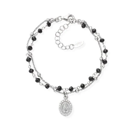 Silver Mary Bracelet w/ Black Crystals 7.5