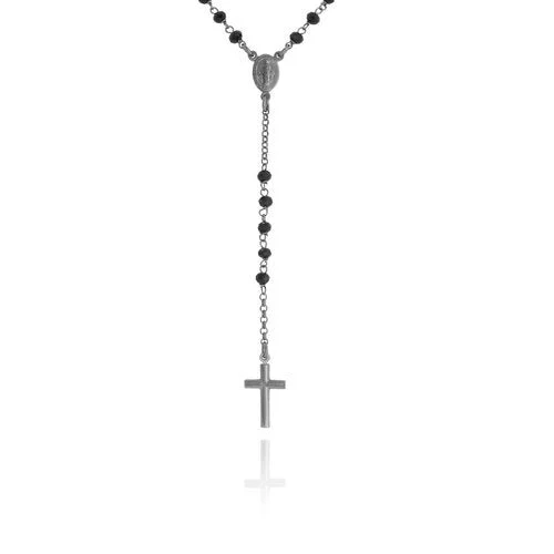Silver Classic Rosary Necklace w/ Black Crystals 18-inch