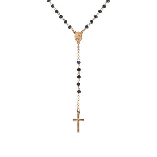 Rose Gold Vermeil Classic Rosary Necklace w/ Grey Crystals 18-inch