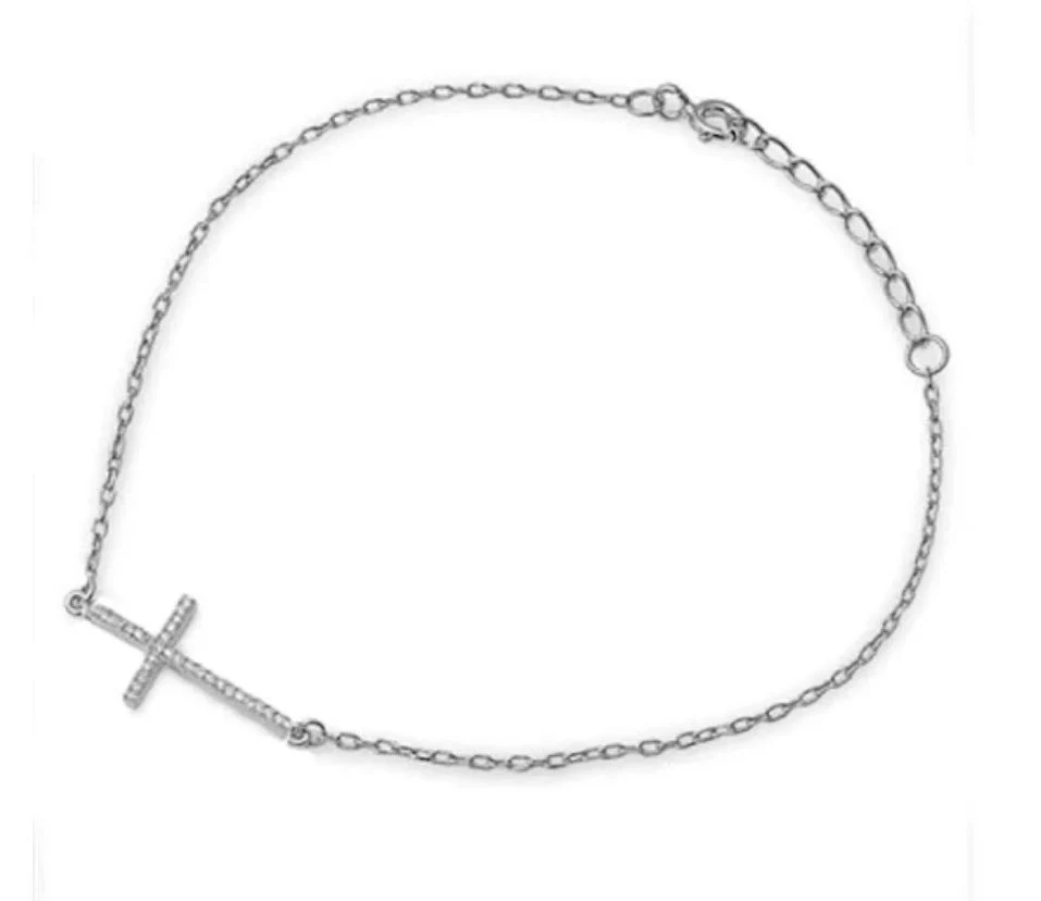 Silver Sideways Cross Bracelet w/ Cubic Zirconias 7.5 - Image 4