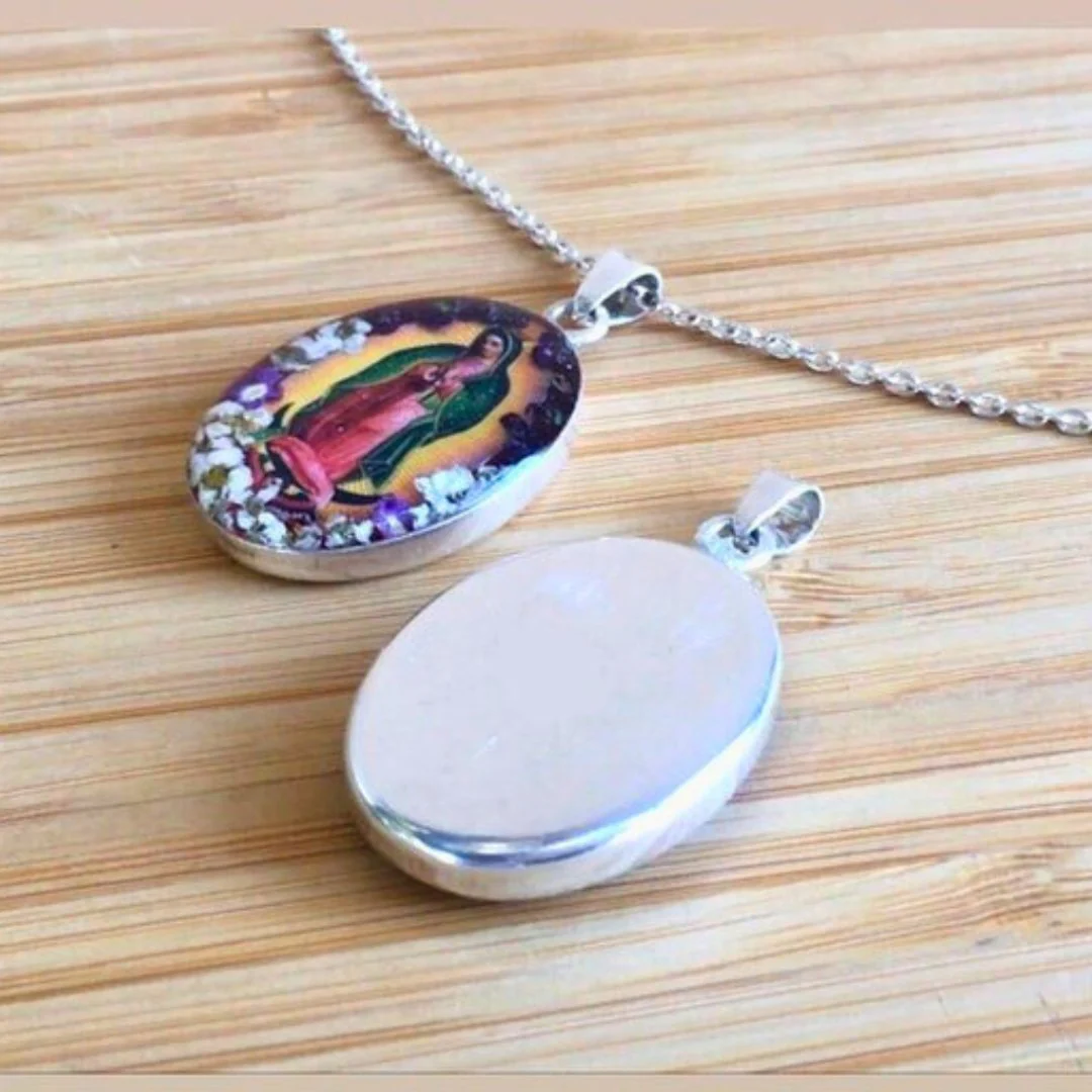 Our Lady of Guadalupe Oval Necklace with Pressed Flowers – 18” - Image 3
