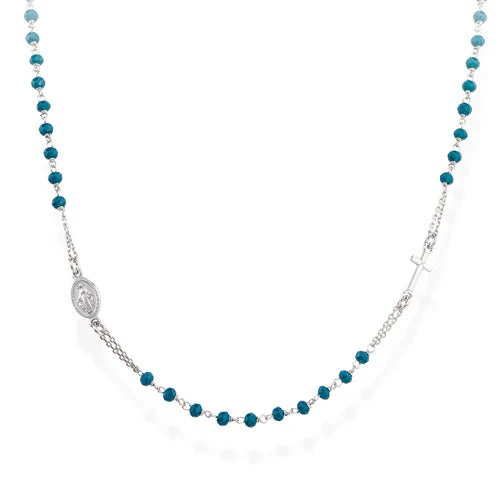 Silver Rosary Choker w/ Ocean Blue Crystals 18-inch