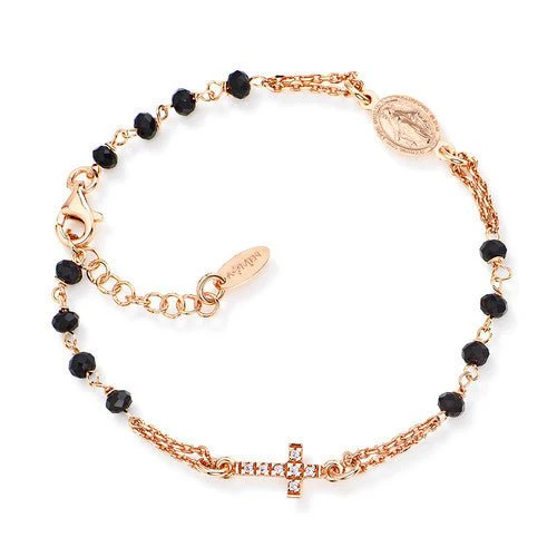 Rose Gold Vermeil Studded Cross Rosary Bracelet w/ Black Zirconias 7.5