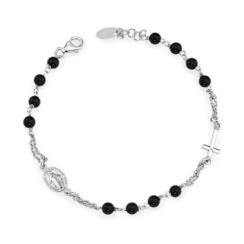 Silver Rosary Bracelet w/ Black Jades 7.5