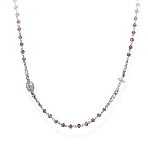 Silver Rosary Choker w/ Purple Crystals 18-inch