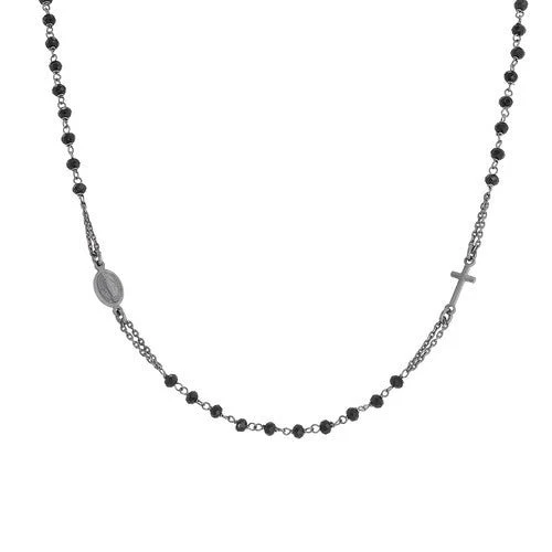 Dark Silver Rosary Choker w/ Black Crystals 18-inch