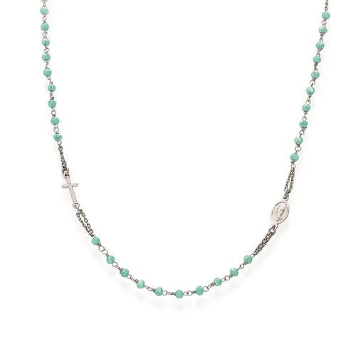 Silver Rosary choker green and tiffany crystals - Collection Rosary - Rhodium 18-inch