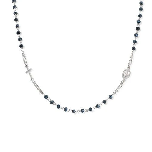 Silver Rosary Choker Grey crystals, Rhodium 18-inch