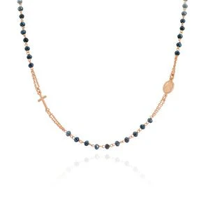 Silver Rosary Choker Grey crystals, Rose 18-inch
