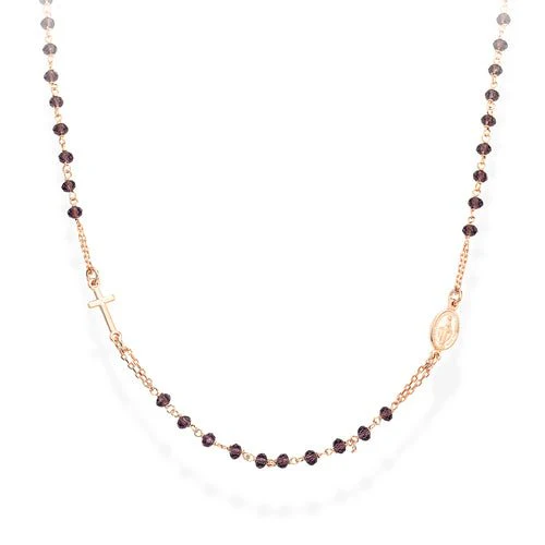 Silver Rosary choker, Rose, with purple crystals 18-inch