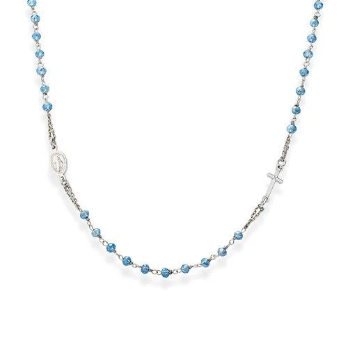 Silver Rosary choker sky-blue iridescent crystal -  rhodium 18-inch