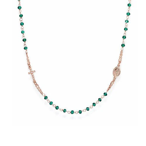 Silver Rosary choker with green cubic zirconia and Cross pav, rhodium 18-inch
