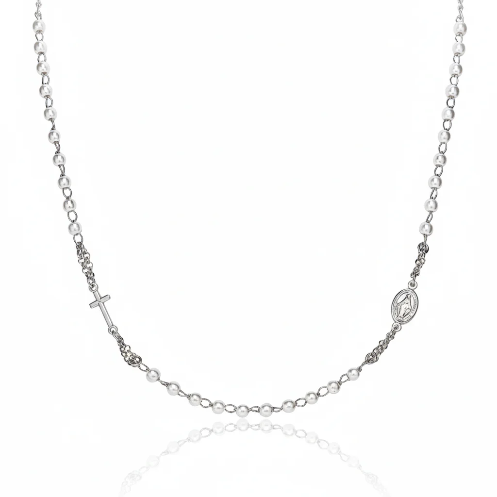 Silver Rosary choker with pearls, rhodium 18-inch