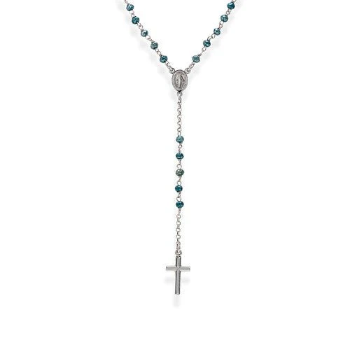Silver Rosary classic necklace Blue crystals 18-inch