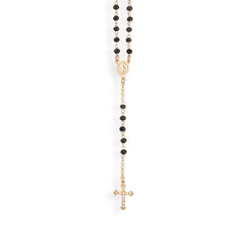 Silver Rosary classic necklace with Cross pav and black cubic zirconia, rose 18-inch