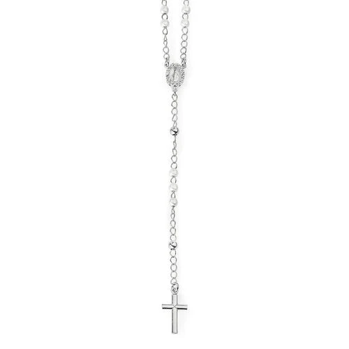 Silver Rosary Classic Necklace with pearls and Miracolosa pav, rhodium 18-inch