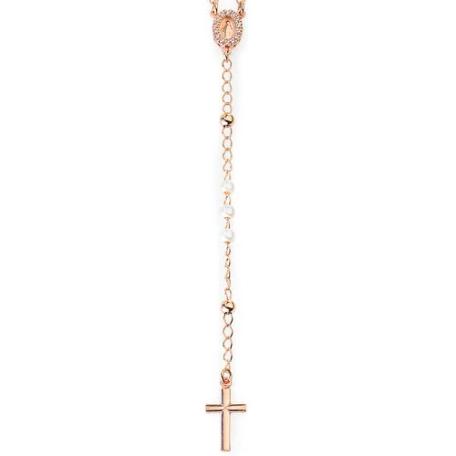 Silver Rosary classic necklace with pearls and Miracolosa pav, rose 18-inch