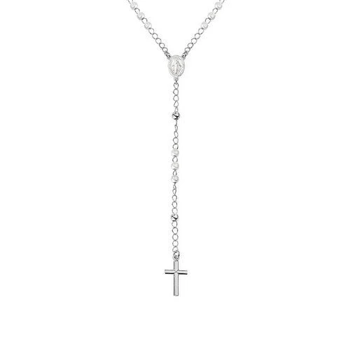 Silver Rosary classic necklace with pearls, rhodium 18-inch