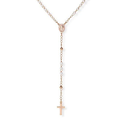 Silver Rosary classic necklace with pearls, rose 18-inch