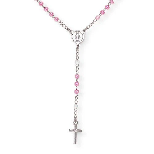 Silver Rosary junior necklace with pink cubic zirconia 18-inch