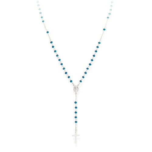 Silver Rosary Necklace Blue Crystals- Rhodium 18-inch