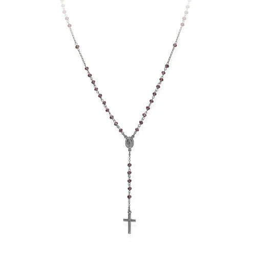 Silver Rosary Necklace w/ Violet Crystals 18-inch