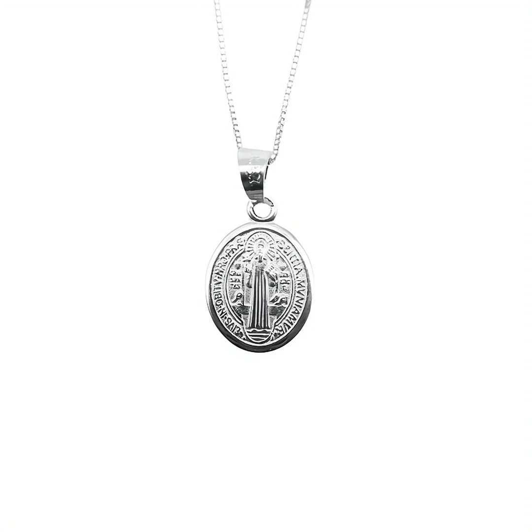 Silver Saint Benedict Medal Oval Necklace 18-inch