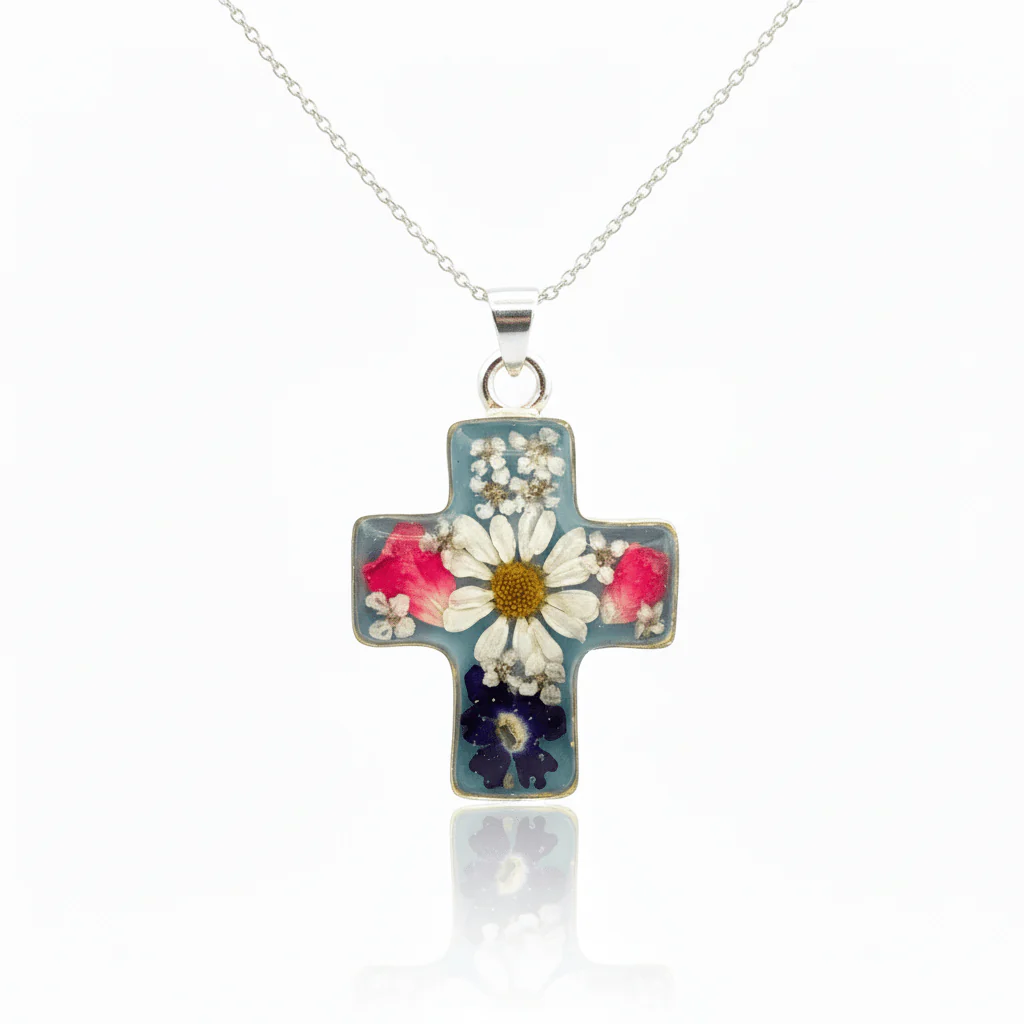 Thick Cross Necklace w/ Pressed Flowers 18-inch