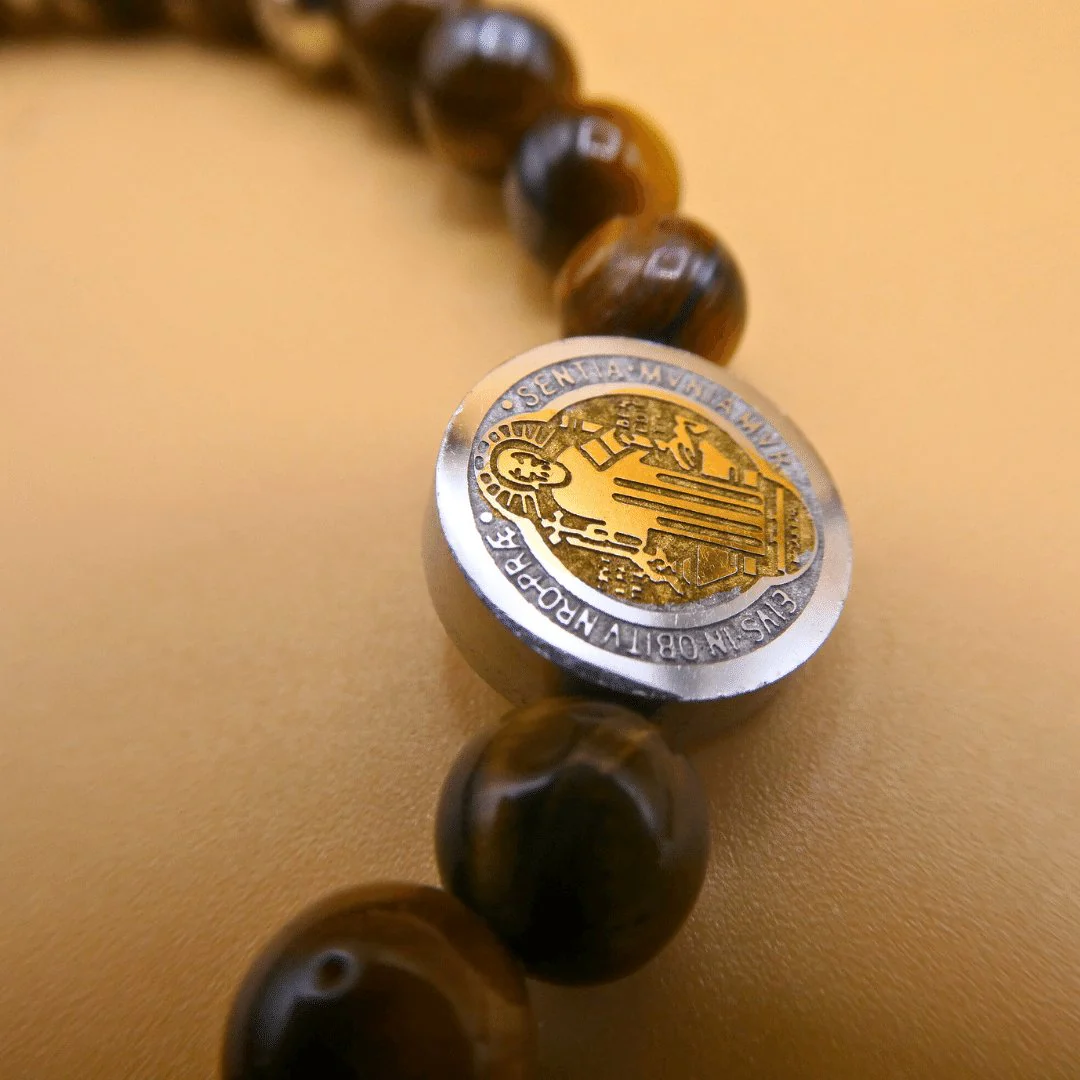 Tiger Eye Bead Bracelet with Saint Benedict Charm 7.5-inch - Image 4