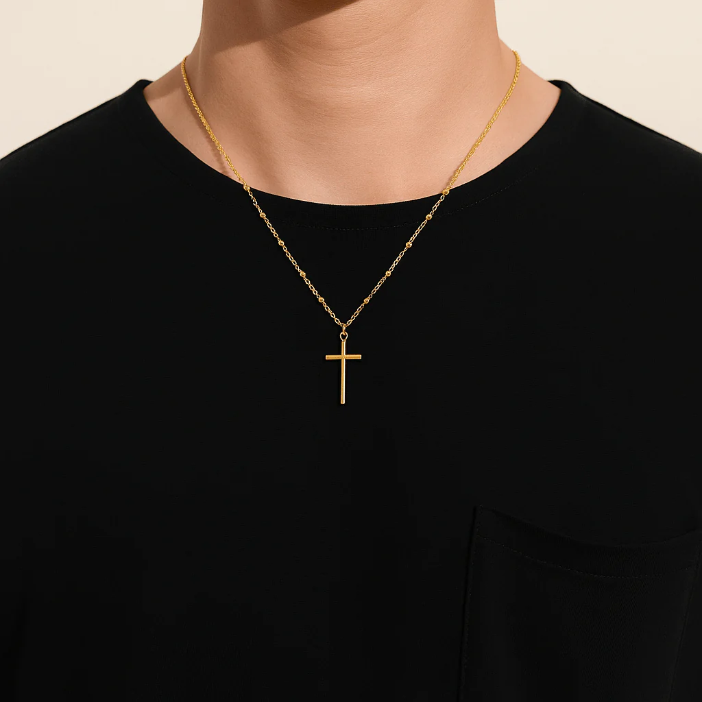 Gold Vermeil Cross Pendant with Beaded Chain 18-inch - Image 3