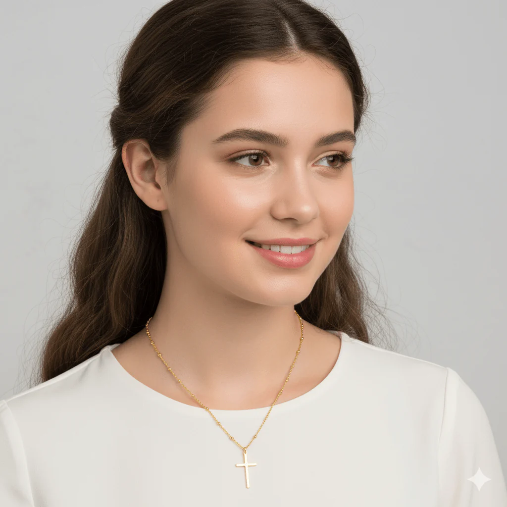 Gold Vermeil Cross Pendant with Beaded Chain 18-inch - Image 4