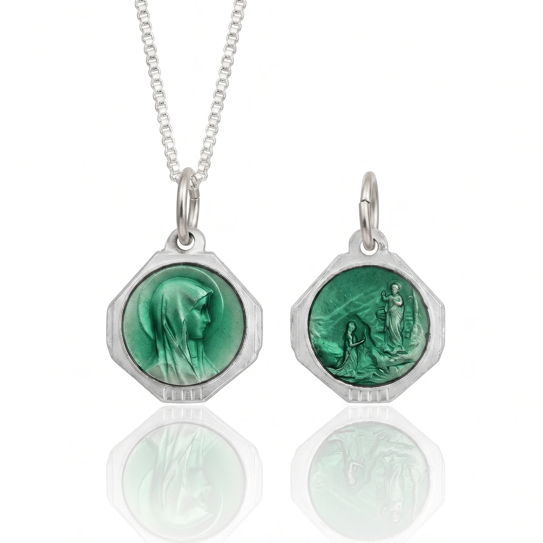 Our Lady of Lourdes Medal Necklace, Silver-tone Aluminum with Emerald Enamel, French Import (18")