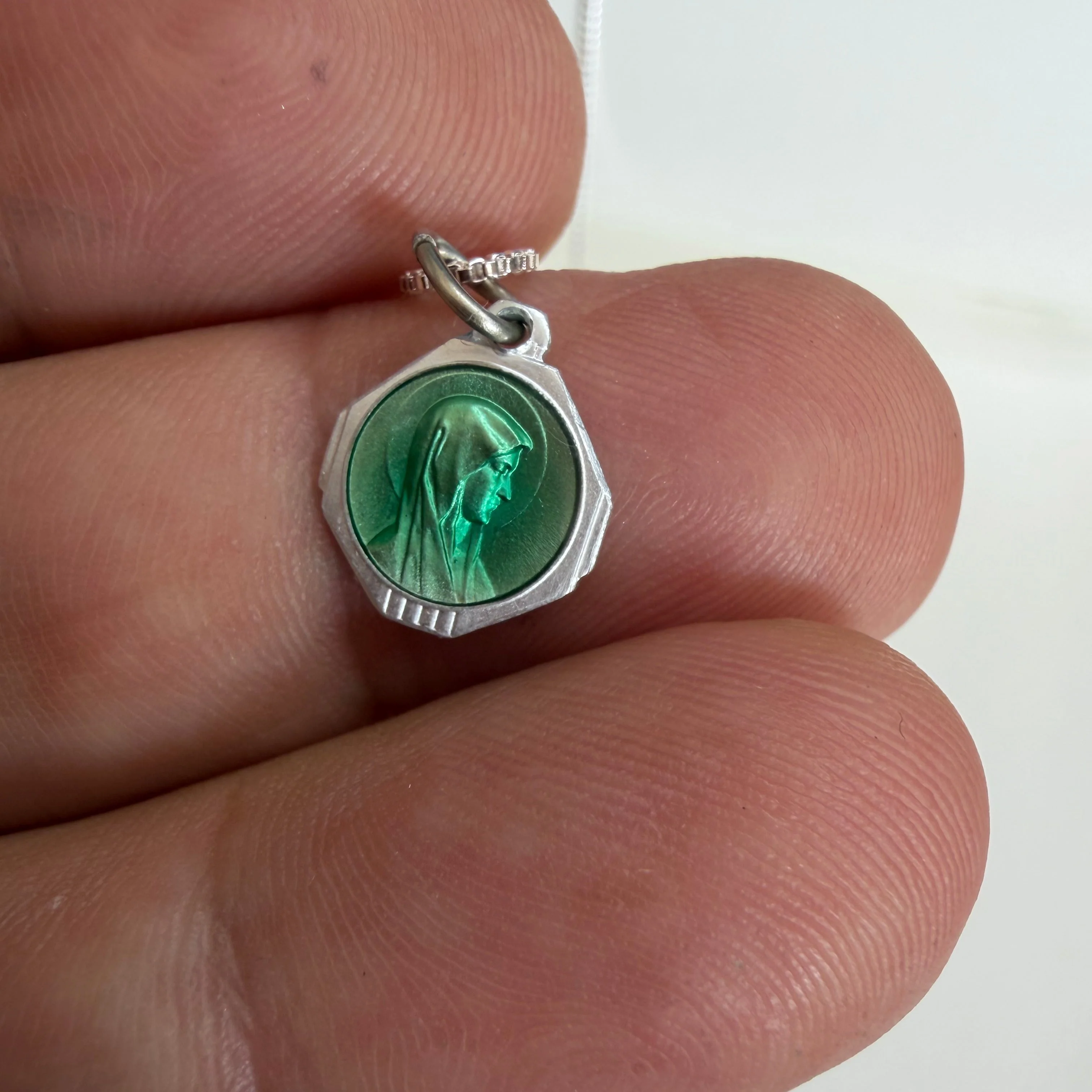 Our Lady of Lourdes Medal Necklace, Silver-tone Aluminum with Emerald Enamel, French Import (18") - Image 2