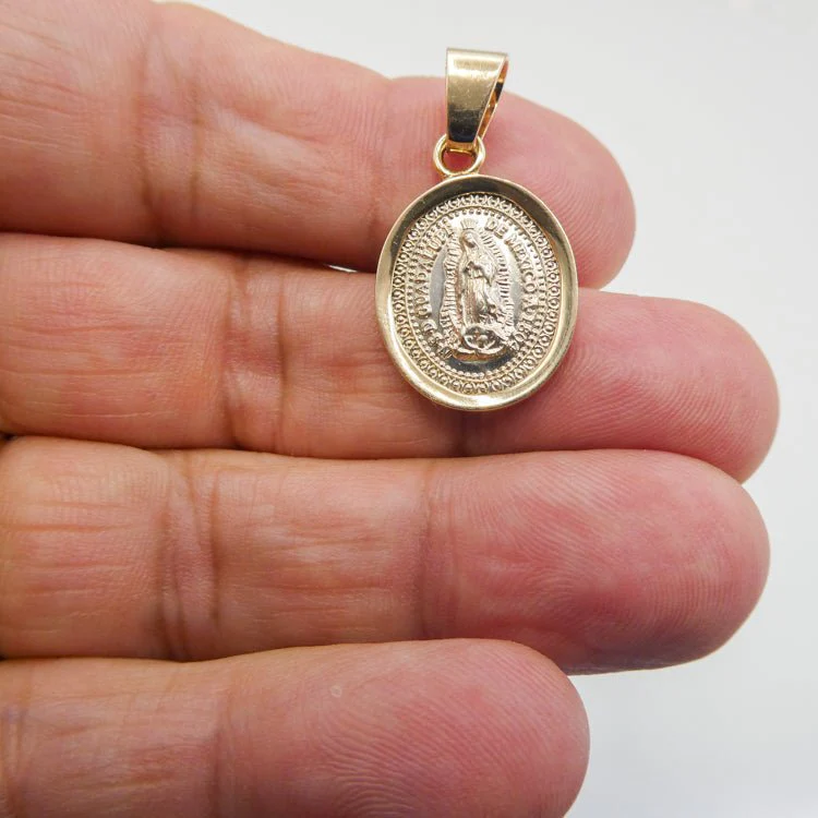 Silver 14k Gold Bezel Virgen de Guadalupe Small Medal 0.7" x 0.6" - Image 3